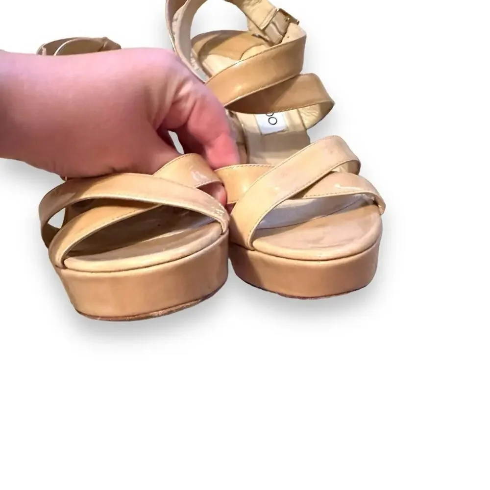 Jimmy‎ Choo Beige Patent Leather Vamp Sandals Stiletto Heels Sz 38.5